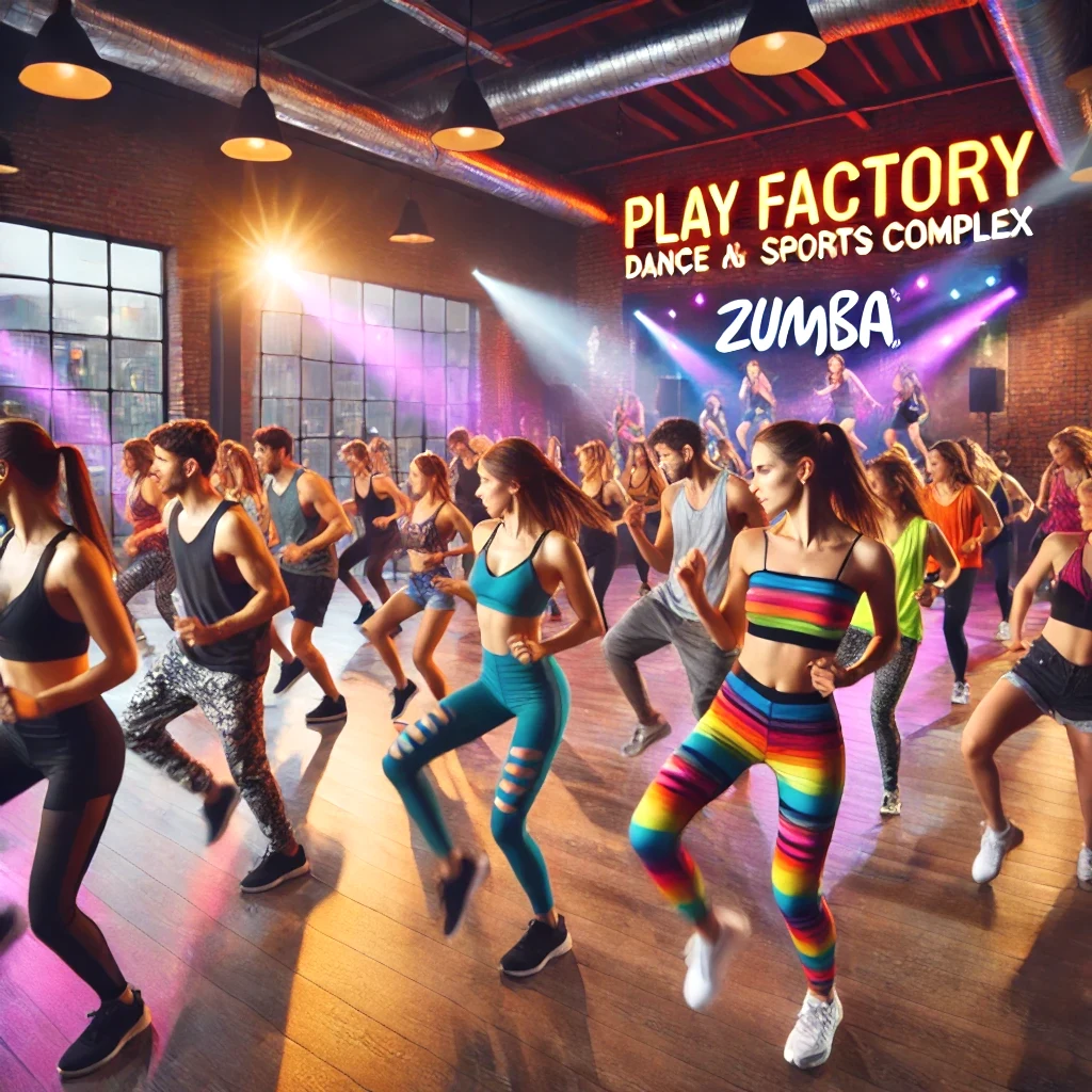 DALL·E 2024 11 13 12.38.20 A lively dance studio at Play Factory Dance and Sports Complex featuring a Zumba class. Participants are moving energetically to upbeat Latin inspired