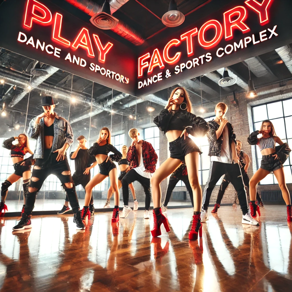 DALL·E 2024 11 13 12.01.34 A vibrant dance studio at Play Factory Dance and Sports Complex featuring Hip Hop dancers in high heels. The dancers are performing powerful high en