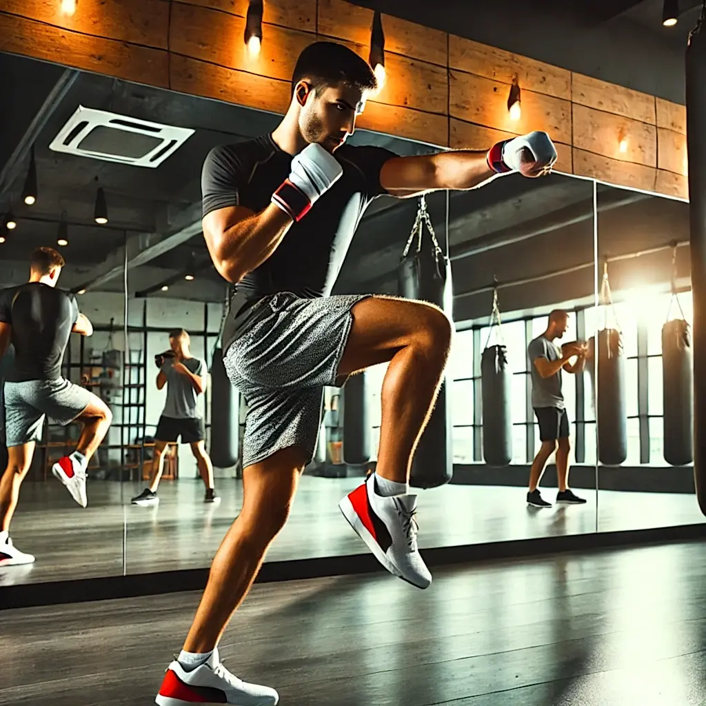 DALL·E 2024 11 13 12.41.01 A focused one on one Kickboxing session at Play Factory Dance and Sports Complex. The participant is engaged in intense training with powerful punches