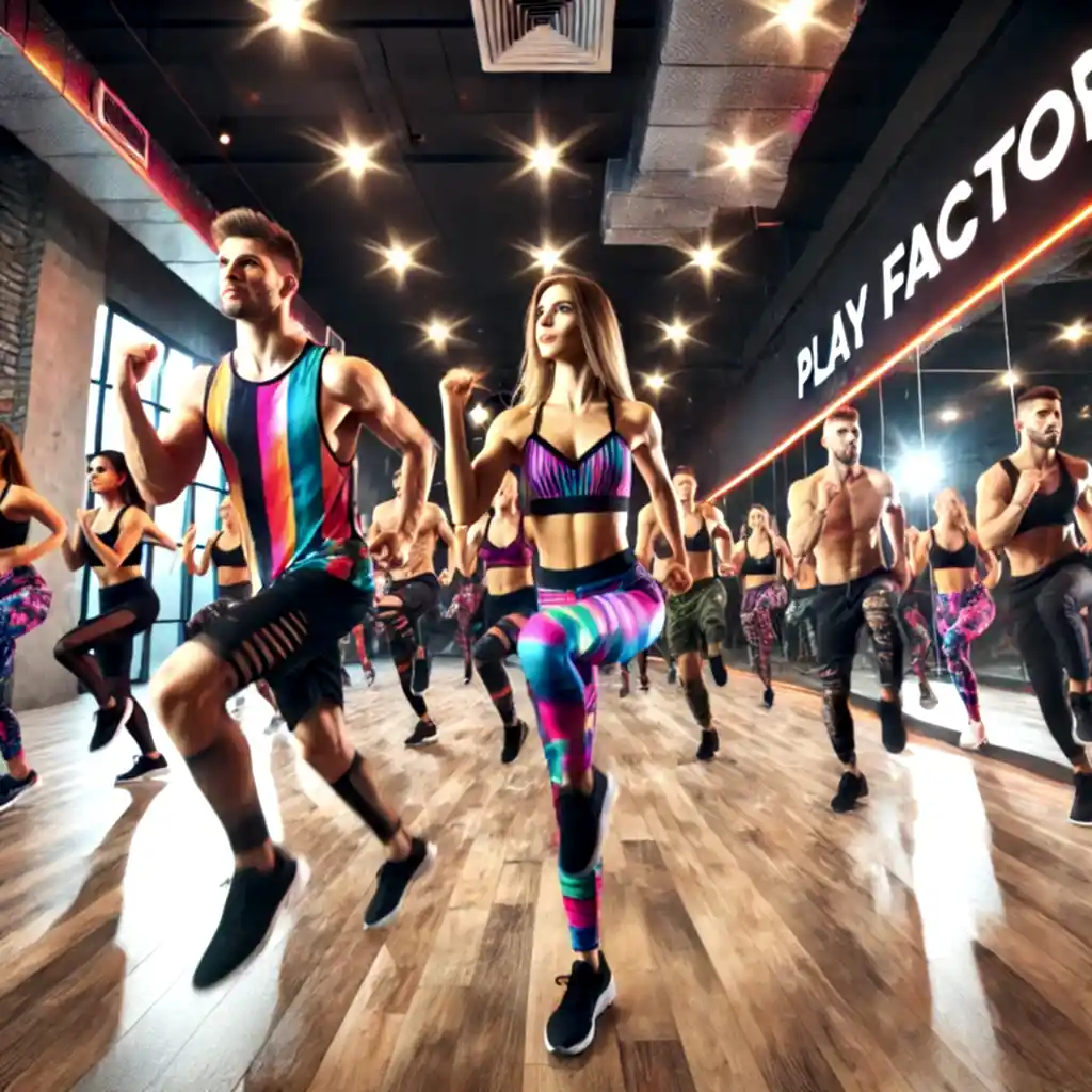 DALL·E 2024 11 13 12.27.16 A vibrant dance studio at Play Factory Dance and Sports Complex featuring a high energy HIIT Cardio workout session. Participants are engaged in inten
