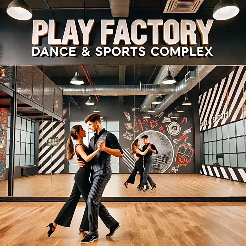 DALL·E 2024 11 13 11.48.21 A couple dancing Bachata in a lively setting inside the Play Factory Dance Sports Complex. The dancers are close and engaged in fluid romantic mo